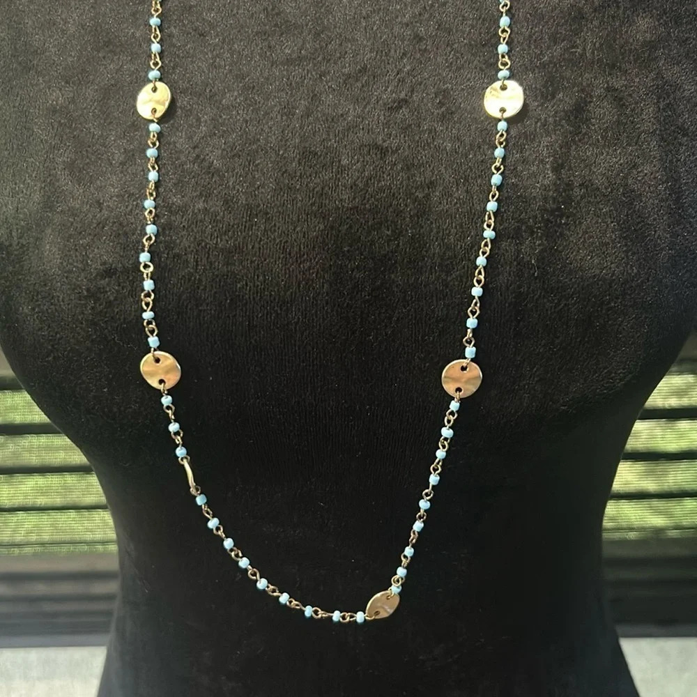 Blue Bead & Gold Disc Accented Long Bohemian Necklace‎